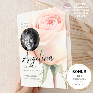 Modelo editável de programa de celebração da vida | Livreto de funeral Rose Canva | Folheto para serviço memorial para impressão | Download instantâneo