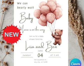 Pink Balloon Bear Baby Shower Invitation: DIY Canva Template (Digital Download)