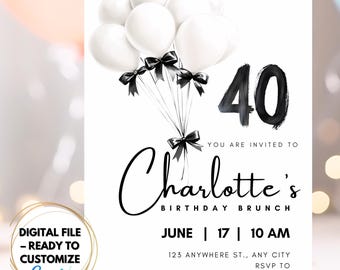 Elegant 40th Birthday Brunch Invitation: Black & White Canva Template (Digital Download)