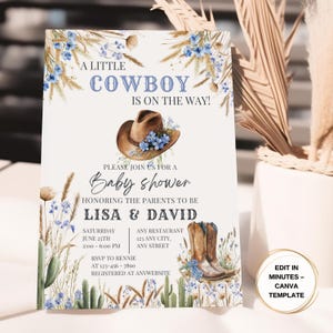 Rustic Cowboy Baby Shower Invitation Template – Editable Little Cowboy Party Invite for Boys – Canva Download, Cowboy Hat Western Design