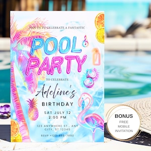 Modèle d'invitation d'anniversaire néon à la piscine modifiable • Fête estivale en toile pour adolescents, enfants et filles • Téléchargement instantané pour impression ou numérique