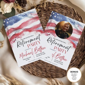Modello di invito modificabile per il pensionamento della Marina / Festa di addio militare con opzione foto / Design patriottico Canva / Download immediato