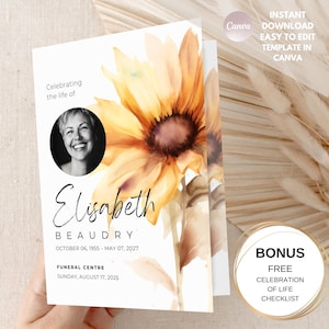 May include: A memorial card with a watercolor sunflower design. The card includes a black and white photo of a woman, the name "Elisabeth Beaudry", and dates. Text on the card reads "Celebrating the life of", "Funeral Centre", and "Bonus: Free Celebration of Life Checklist".