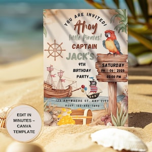 Ohé ! Invitation fête d'anniversaire pirate pour garçons | Modèle de toile modifiable | Carte d'anniversaire d'enfants de carte au trésor | Téléchargement instantané