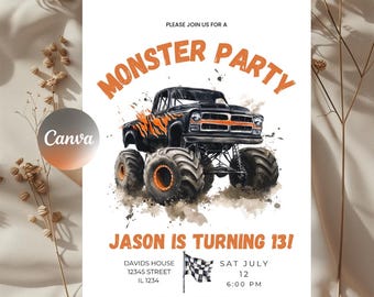 Monster Truck Birthday Invitation: Editable Big Trucks Theme (Canva Template)