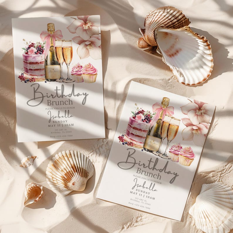 Champagne-themed brunch party invitation editable in Canva. This elegant digital template features gold glitter details, floral accents and two mobile sizes for iPhone or Android invites. Great for birthday brunch events like a 40th or 50th celebration, garden party or classy mimosa morning. High-res download for professional print or digital use included.