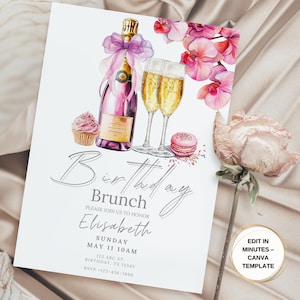 Invitation brunch d'anniversaire | Invitation champagne et gâteau | Modèle de toile modifiable | Party brunch imprimable | Téléchargement instantané | 40e | 50e