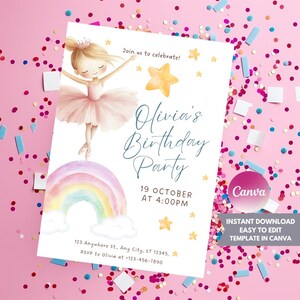 Regenbogen Ballerina Geburtstagseinladung: Pastel Princess Party (Canva Download)