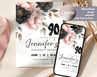 Elegant 90th Birthday Invitation: Floral Brunch Canva Template (Digital & Mobile)