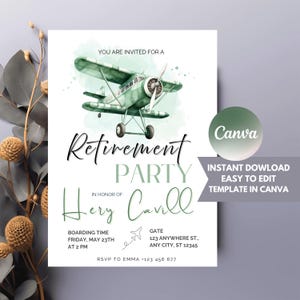 Invito al pensionamento di un pilota / Invito a una festa a tema aereo / Modello modificabile / Ultimo volo di un aviatore / Download digitale Canva / Aviazione