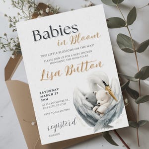 Zwillings-Babyparty-Einladung - bearbeitbare Babys in der Blüte Canva-Vorlage - Geschlechtsneutrale Storch-Zwillings-Baby Sprenkel-Karte für Mädchen oder Jungen
