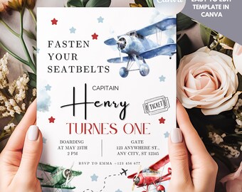 Invitación para el primer cumpleaños de Time Flies: Fiesta de aviones vintage (plantilla de Canva)