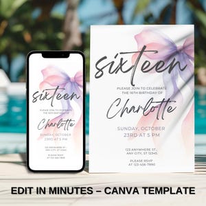 Sweet 16 Birthday Invitation with Pink Bow • Editable Canva Template for Teen Girl • Printable & Digital Phone Version Included