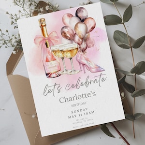 Invito modificabile per il brunch di compleanno per lei - Modello Canva Champagne rosa e oro per un invito glamour per la festa del 30°, 40° e 50° compleanno
