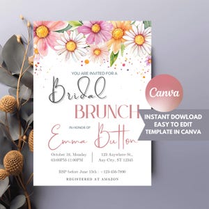 Brautbrunch-Einladungsvorlage mit Blumen | Brautparty einladen | Bearbeitbare Canva Download | Eleganter Hochzeitsbrunch | Brunch einladen