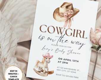 Editable Cowgirl Baby Shower Invitation: Pink Floral, Wild West (Digital Download)