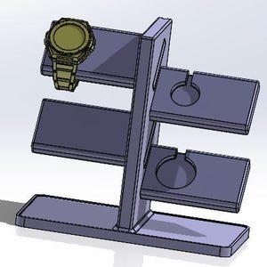 May include: A gray wooden watch stand with three slots for watches. The stand has a rectangular base and a vertical support with two shelves. A gold watch is displayed on the top shelf.