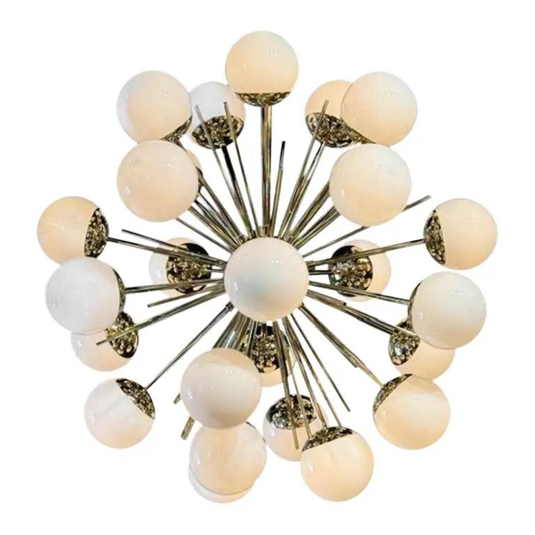 Stilnovo Style Sputnik Chandelier: Brass & White Glass Globe Lighting ...