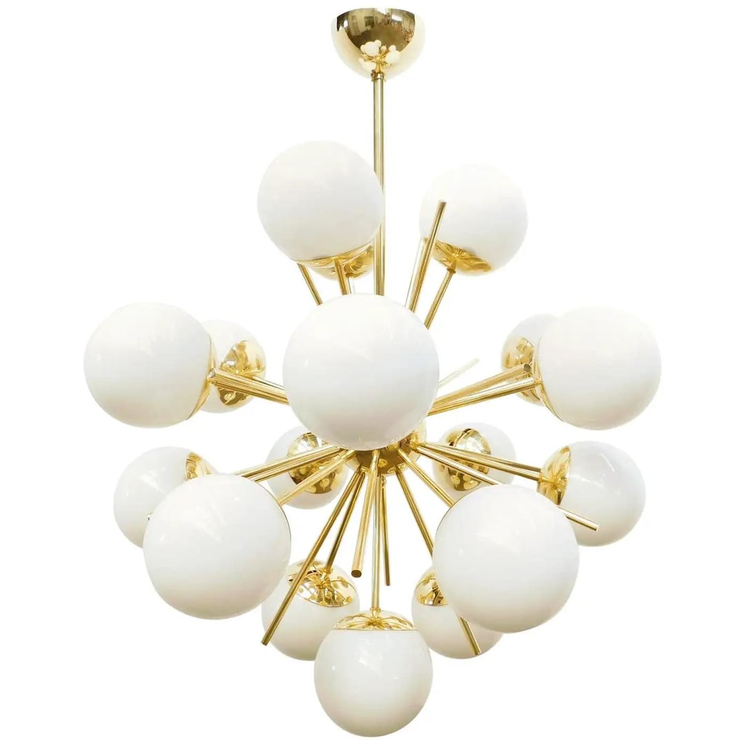 Stilnovo Style Sputnik Chandelier: Brass & White Glass Globe, 18 Arms ...