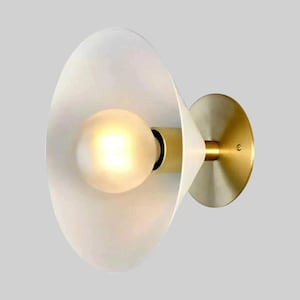 Italian Modern Brass Wall or Ceiling Light | 1950s Inspired Sputnik Fixture with Curved White Shade.