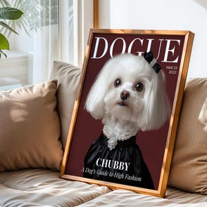 Ritratto di moda Pet Couture Foto di cane personalizzata Stile passerella Arte per animali domestici Copertina di rivista di alta moda digitale Arte murale per cani Idea regalo Mamma di cani
