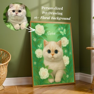 Floral Cat Art Personalized Pet Portrait With Flowers Pet Painting Spring Cat Print Pet Floral Background Wall Decor Pet Gift for Cat Mom