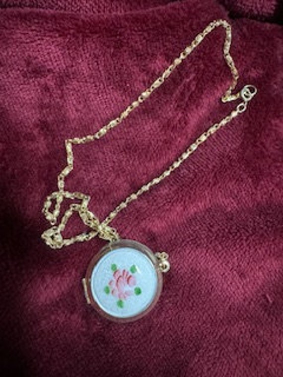 Pink Rose Cloisonne Goldtone Locket on Chain - image 2