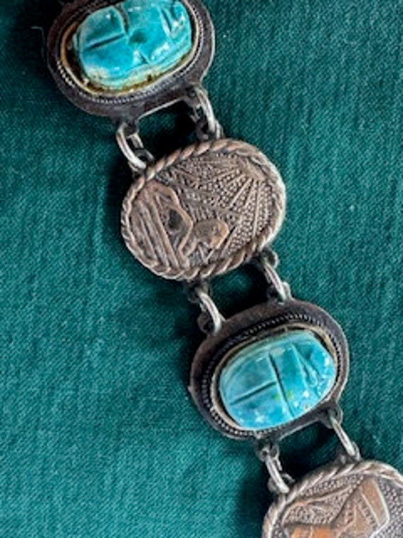 Scarab Bracelet 1970s Stone and Embossed Metal wi… - image 4