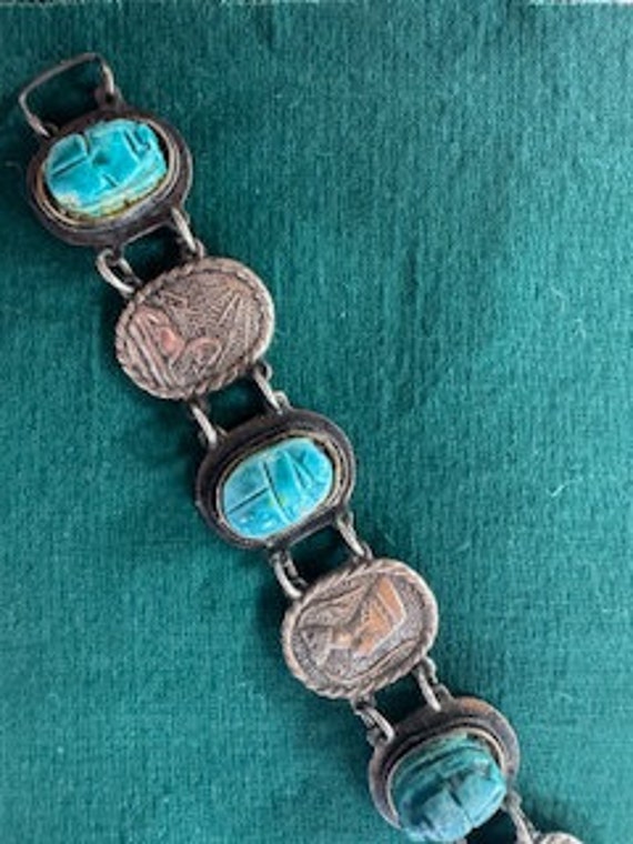 Scarab Bracelet 1970s Stone and Embossed Metal wi… - image 2