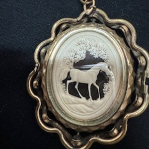 Mourning Necklace Tinted Portrait Swivels to Carved Horse - Rare Item