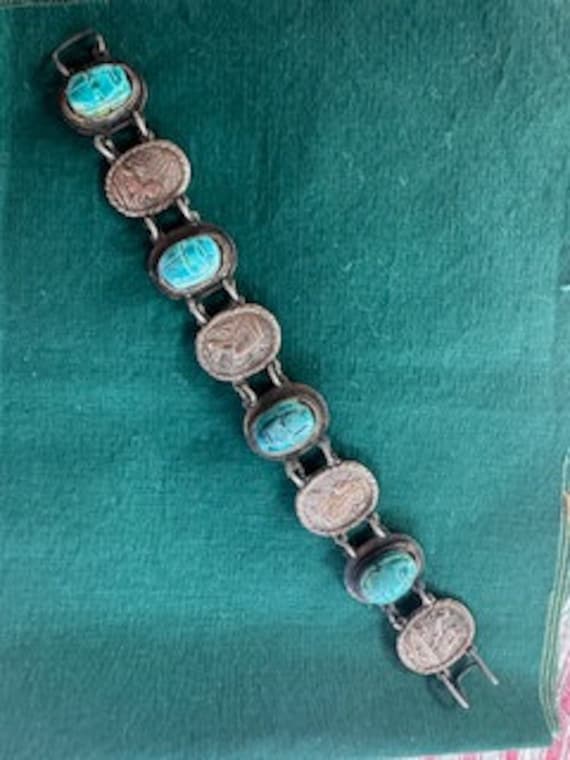 Scarab Bracelet 1970s Stone and Embossed Metal wi… - image 1