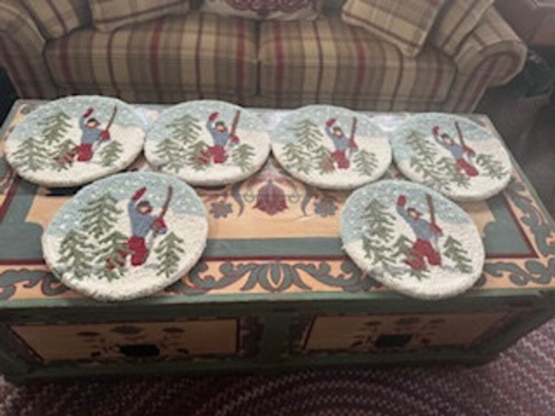 SALE Hooked Wool Chair Pads Set of Six Ski Theme Chandler Four Corners