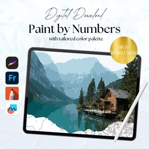 May include: Digital download of a paint by numbers image featuring a mountain lake scene with a cabin and trees. The image is high resolution and can be used with various digital art programs like Procreate, Photoshop, and Illustrator.