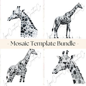 May include: Four black and white mosaic giraffe illustrations. Each giraffe is in a different pose. The illustrations are perfect for crafting projects, such as mosaic art, cross-stitch, or diamond painting.