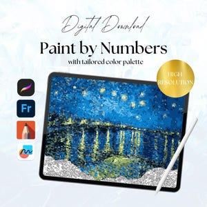 May include: Digital download of a paint by numbers image of a starry night scene with a reflection in water. The image is displayed on a tablet with a stylus. The text "Paint by Numbers" and "High Resolution" are visible.