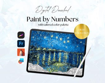 Könnte beinhalten: Digitaler Download eines Malen-nach-Zahlen-Bildes einer sternenklaren Nachtszene mit einer Wasserreflexion. Das Bild wird auf einem Tablet mit einem Stift angezeigt. Der Text "Paint by Numbers" und "High Resolution" ist sichtbar.