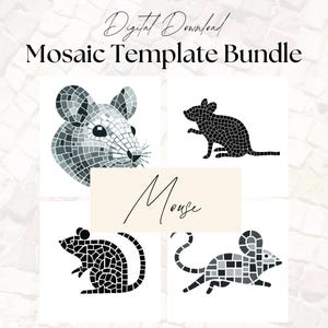 May include: A digital download bundle of mosaic templates featuring four different mouse designs. The designs include a detailed mosaic mouse, a black silhouette mouse, and two other black silhouette mice with different poses.