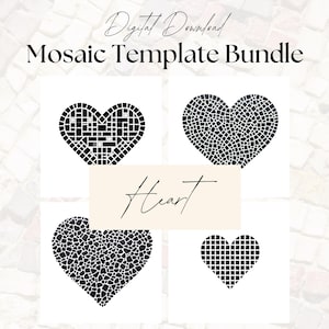 Puede incluir: Cuatro plantillas de corazón de mosaico en blanco y negro para proyectos de manualidades. Las plantillas tienen forma de corazón y un patrón de mosaico. La palabra "Corazón" está escrita en cursiva sobre un rectángulo beige.