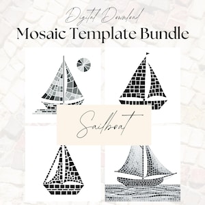 May include: A digital download bundle of four sailboat mosaic templates. Each template features a black and white sailboat with a geometric mosaic pattern.