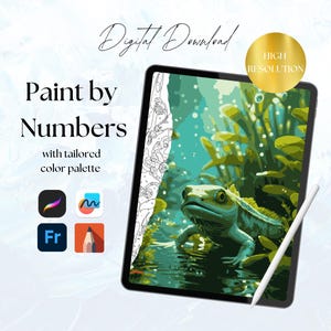 Puede incluir: Descarga digital de una imagen de pintura por números que presenta una iguana verde en una escena submarina tropical. La imagen se muestra en una tableta con un lápiz óptico. La imagen es compatible con Procreate, Adobe Fresco y otras aplicaciones de arte digital.