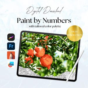 Peut inclure: Téléchargement numérique d'une image de peinture par numéros représentant un gros plan d'une branche d'arbre avec des grenades rouges. L'image est intitulée "Peindre par numéros" avec le texte "avec une palette de couleurs sur mesure" en dessous. L'image est intitulée "Haute résolution" dans un cercle doré.