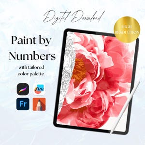Pink Peony Detail Digital Paint By Number Kit for Adults - For Print or Coloring Apps - Procreate, Fresco, ibisPaint –Coquette Floral Spring