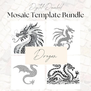 May include: Digital download mosaic template bundle featuring four dragon designs. Each dragon is rendered in a mosaic style with varying shades of gray and black. The word "Dragon" is written in cursive on a cream-colored rectangle.