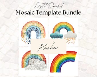 May include: A set of four printable mosaic templates featuring rainbows. The templates include a rainbow with clouds, a rainbow with raindrops, a rainbow with a cloud, and a rainbow arch. The text "Rainbow" is written on a white rectangle.