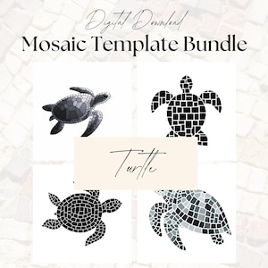 May include: Four black and white mosaic turtle templates. The turtles are in different poses. The templates are perfect for creating mosaic art projects.