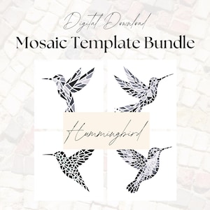 May include: Digital download of four black and white hummingbird mosaic templates. The templates are arranged in a grid with the word "Hummingbird" in the center.