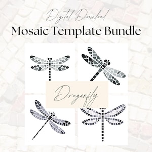 May include: A digital download bundle of four mosaic dragonfly templates. The templates are black and white and feature a mosaic pattern.