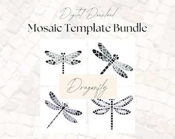 May include: A digital download bundle of four mosaic dragonfly templates. The templates are black and white and feature a mosaic pattern.