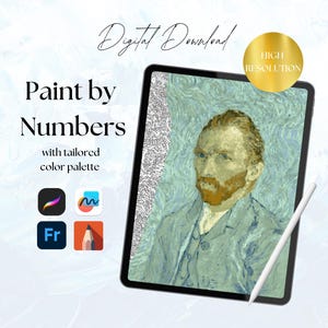May include: Digital download of a paint by numbers image featuring a portrait of Vincent van Gogh. The image is high resolution and can be used with apps like Procreate, Adobe Fresco, and Autodesk Sketchbook.