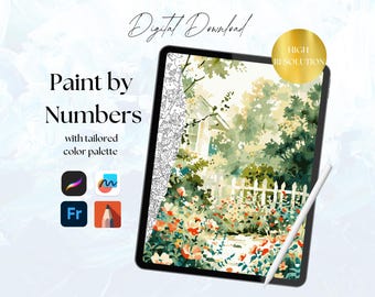 May include: Digital download of a paint by numbers image featuring a watercolor style garden scene with a white picket fence and flowers. The image is labeled "Paint by Numbers" and "with tailored color palette".